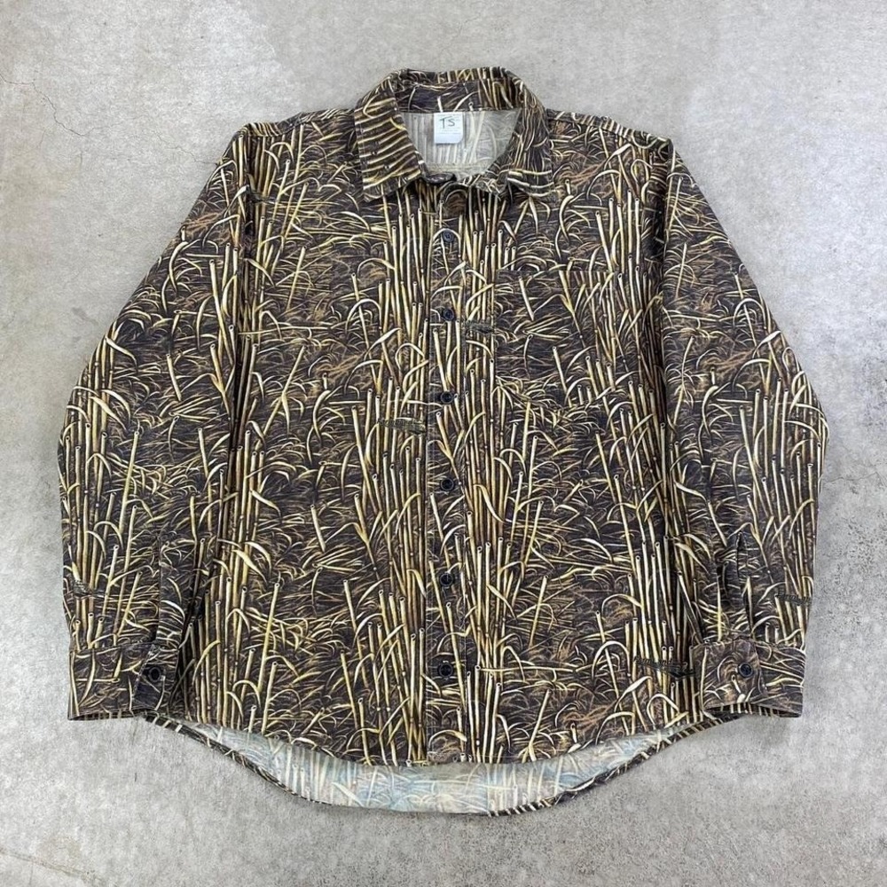 Vintage‎ 90s Farmland Brand Bamboo Camo Button Up Long Sleeve Shirt Size Large